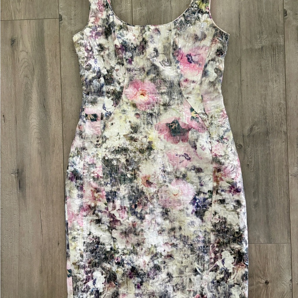 Maggy London Floral Textured Sheath Dress - Pink and silver Multi